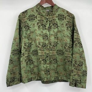 Chico's Jacket Womens Size 1 Medium Green Black Silk Asian Floral Snap Mandarin‎